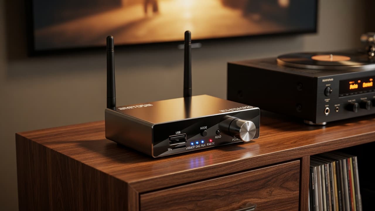 MTS-BTDACPRO en el rack del living — TV y amplificador