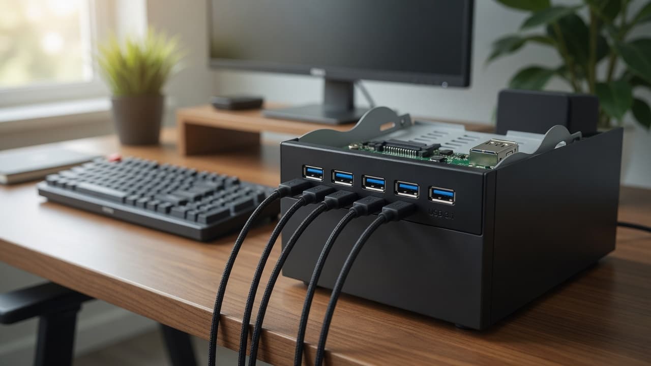 MTS-DESK325USB31 en escritorio — panel USB 3.5" con cuatro USB-A ocupados