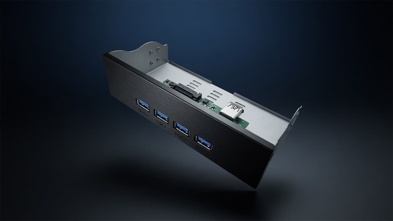 MTS-DESK525USB31 — panel USB 5.25" metálico en estudio