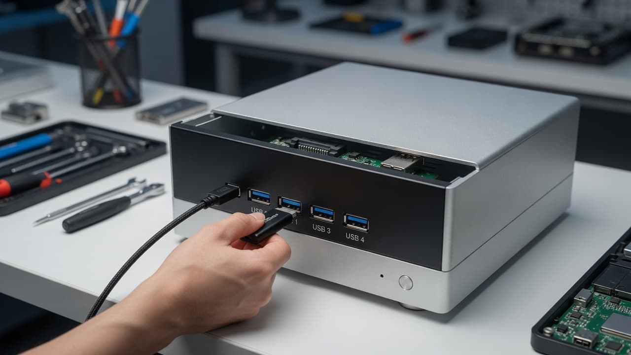 MTS-DESK525USB31 en banco de trabajo — panel USB 5.25" con cuatro USB-A