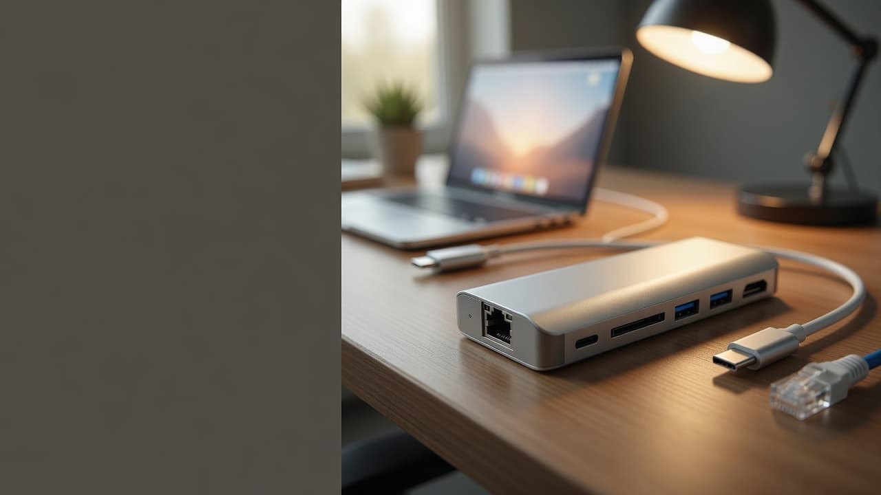 MTS-DOCK61 en escritorio — dock USB-C con red, HDMI y USB