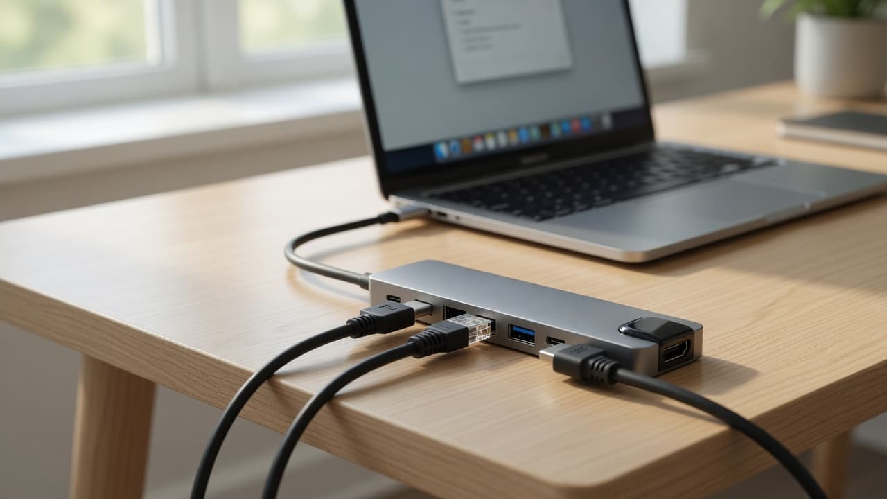 MTS-DOCK81 en escritorio — hub USB-C con red, HDMI y carga