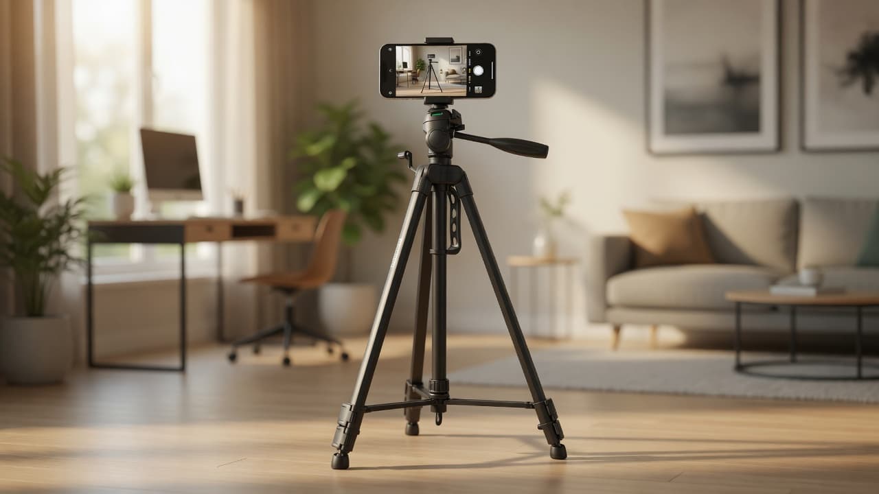 MTS-LIGHTPOD130 en living con celular — reels y video a 130 cm