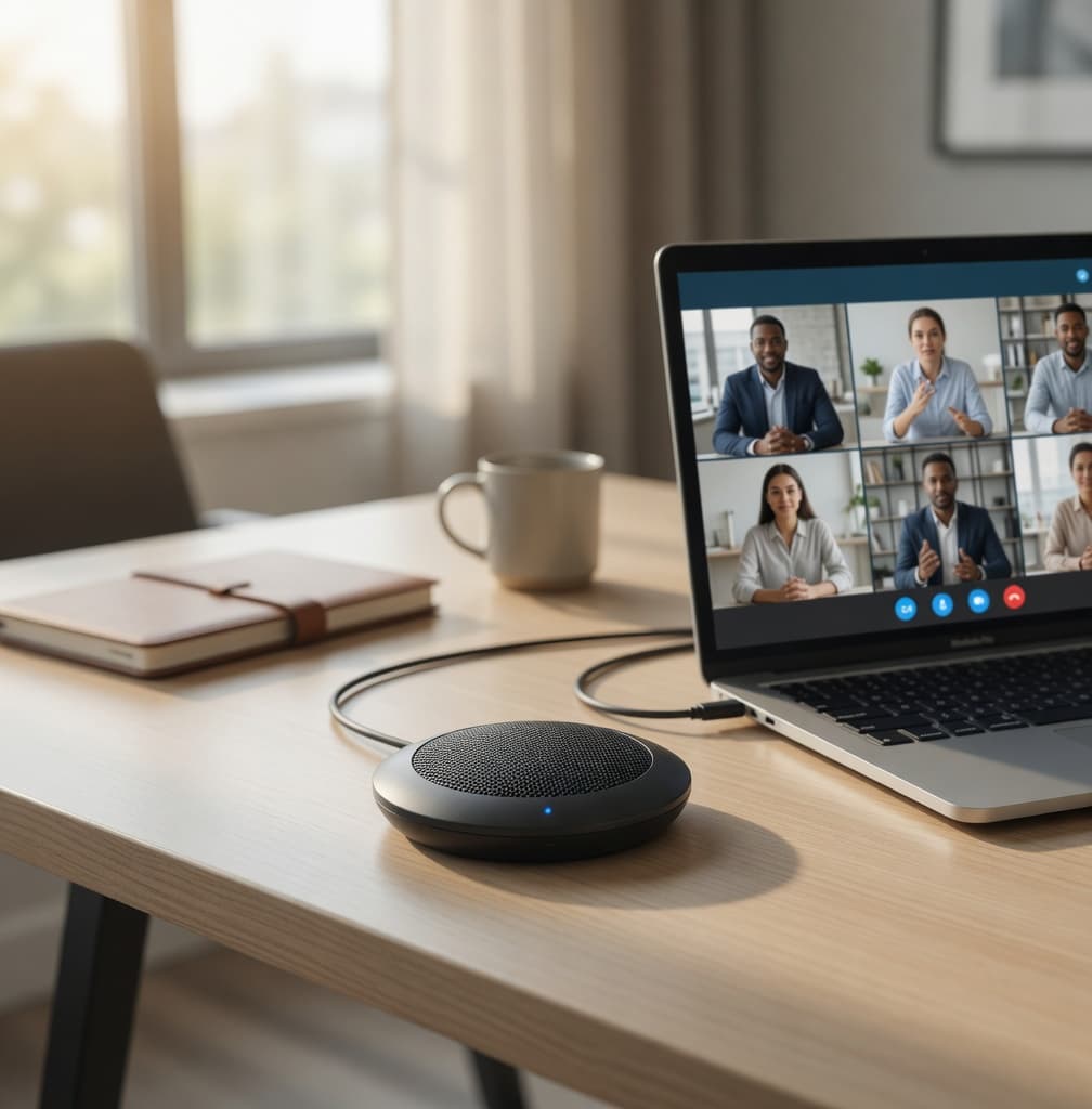 MTS-OMNIMIC en escritorio — mic USB para reuniones y Zoom