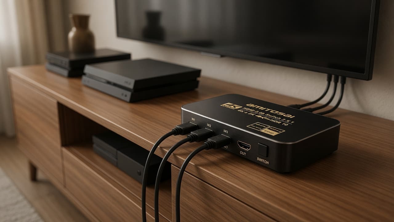 MTS-SWITCH31HDR en el living — tres fuentes a un TV 4K