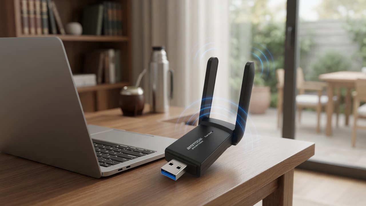MTS-WIFI1200DA en escritorio — WiFi dual band con doble antena