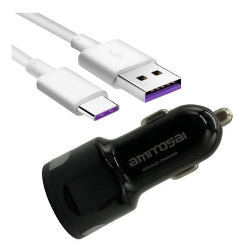 MTS-FASTCHARGER — cargador auto negro AMITOSAI y cable USB-C 1 m con conectores violeta