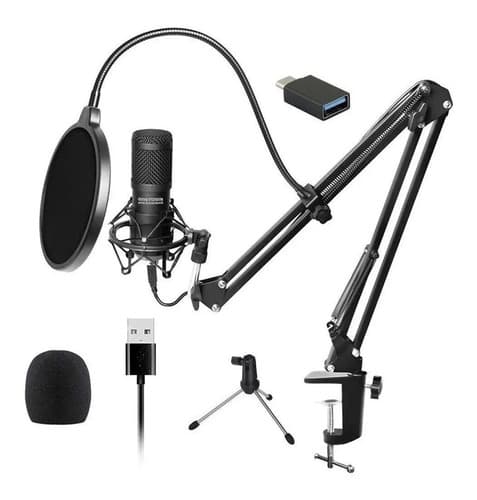 MTS-KINGVOICE — set completo: mic condenser USB, brazo, trípode, antipop y accesorios