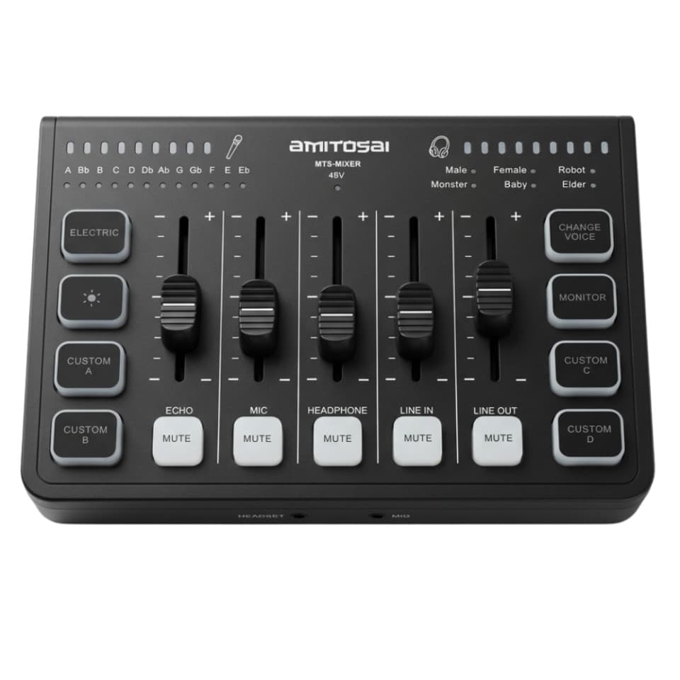 MTS-MIXER — consola mixer AMITOSAI vista frontal con 5 faders y botones