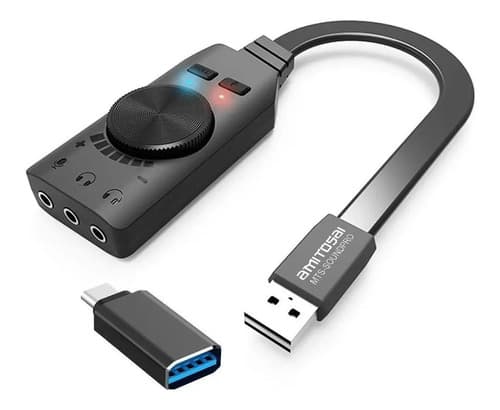AMITOSAI MTS-SOUNDPRO — placa de sonido USB con rueda de volumen, 3 jacks 3.5 mm y adaptador USB-C