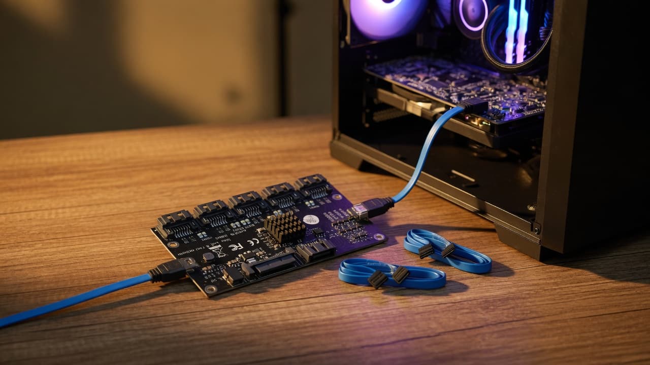 MTS-1SATA5EX y cables azules en escritorio de armado — control de tu storage