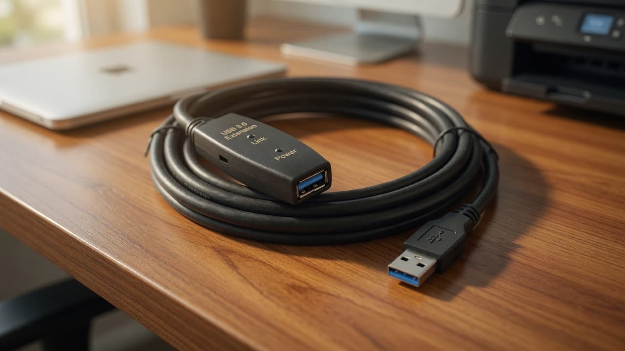 MTS-30EXTUSB10 en escritorio — USB 3.0 activo 10 m al alcance del equipo