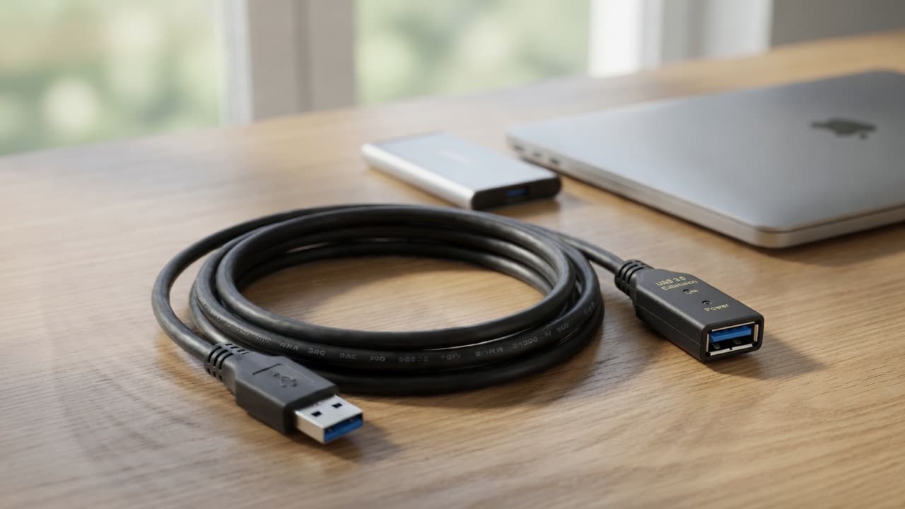 MTS-30EXTUSB15 en escritorio — extensor USB 3.0 15 m junto a notebook y disco