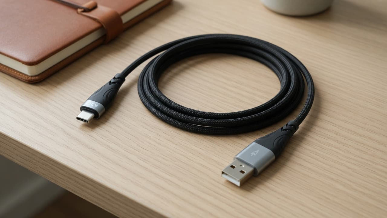 MTS-ACCPD100W1 — cable negro 2 en 1 enrollado en escritorio