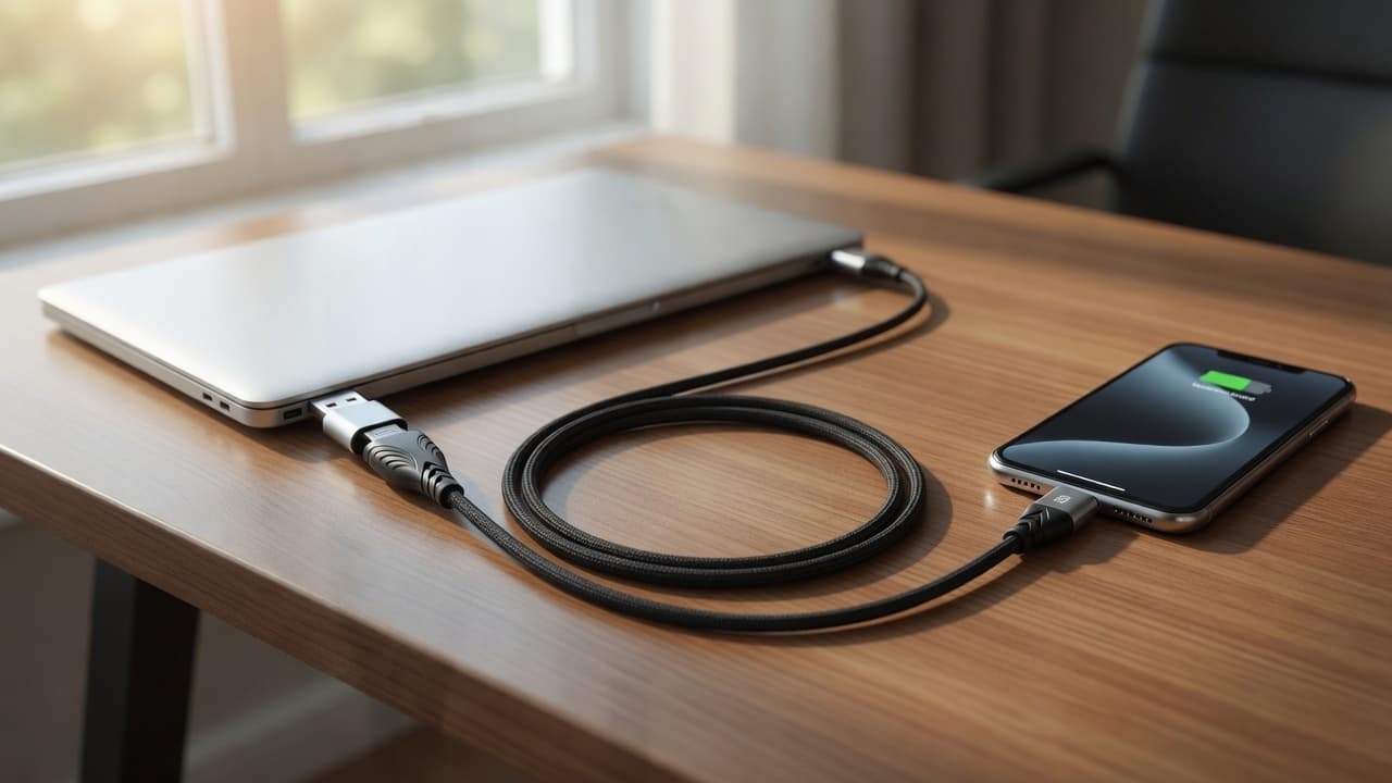 MTS-ACCPD100W1 en escritorio — cable 2 en 1 entre notebook y celular