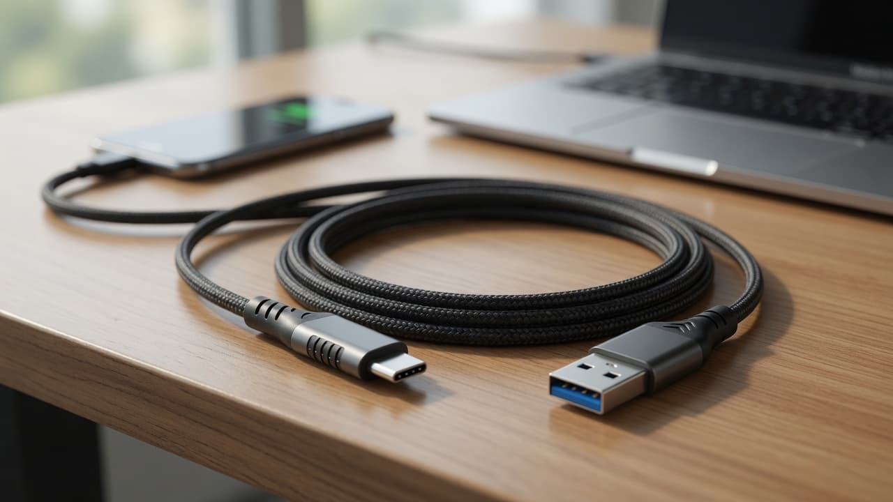 MTS-ACPD66W1 en escritorio — cable USB-A a USB-C mallado con celular y notebook