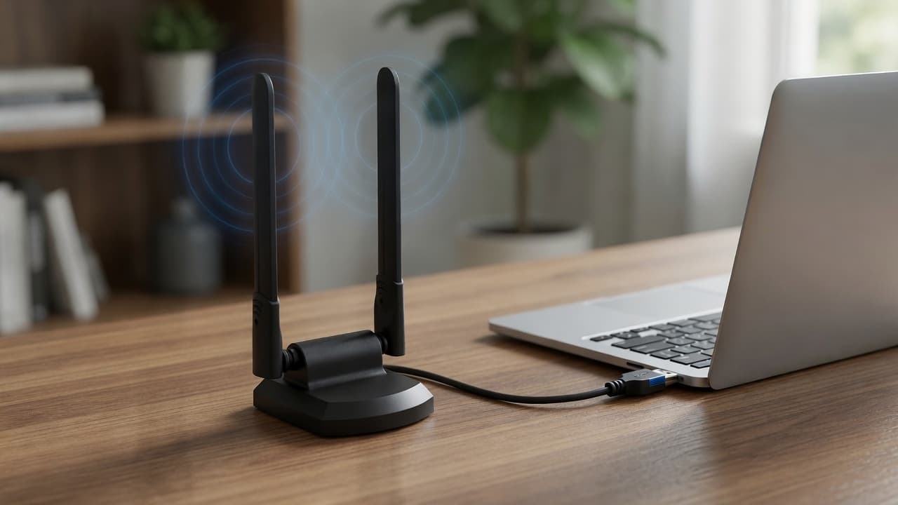 MTS-AMPLIFY en escritorio — Wi-Fi 6E USB con doble antena
