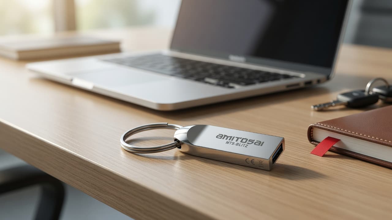 MTS-BLITZ32GB en escritorio — pendrive metálico con llavero junto a notebook