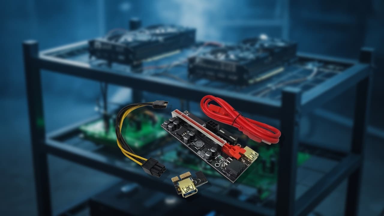 MTS-BTCMINERPRO en rig multi-GPU — riser PCIe x1 a x16 para minería