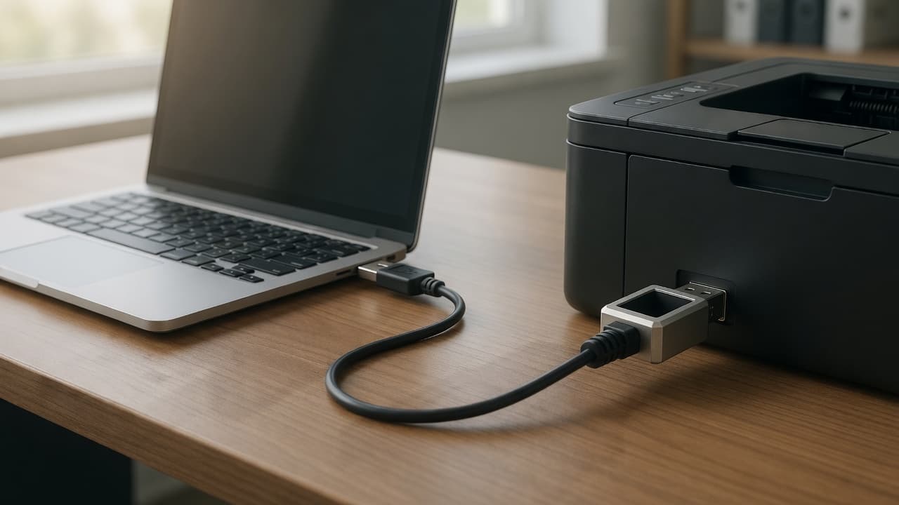 MTS-BUSB150 en escritorio — cable USB A-B entre PC e impresora