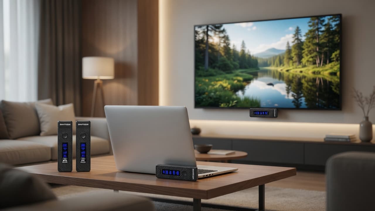 MTS-CASTER Negro — living con notebook y TV sin cable HDMI largo