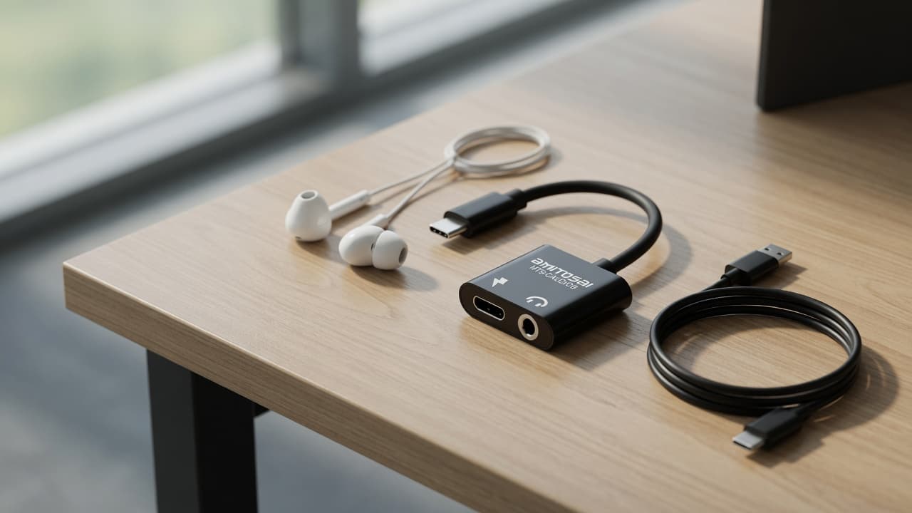 MTS-CAUDIOB — adaptador USB-C negro en escritorio