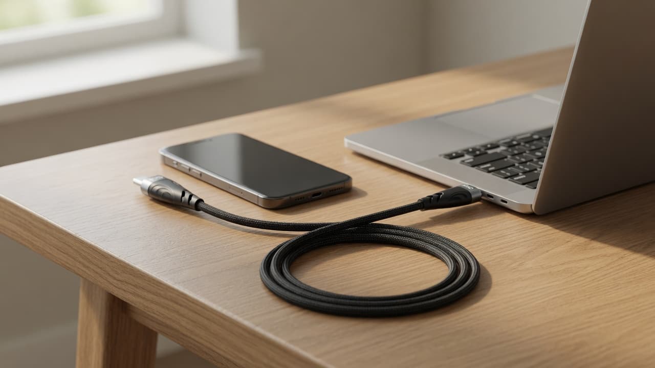 MTS-CCPD100W1 en escritorio — cable USB-C entre notebook y celular