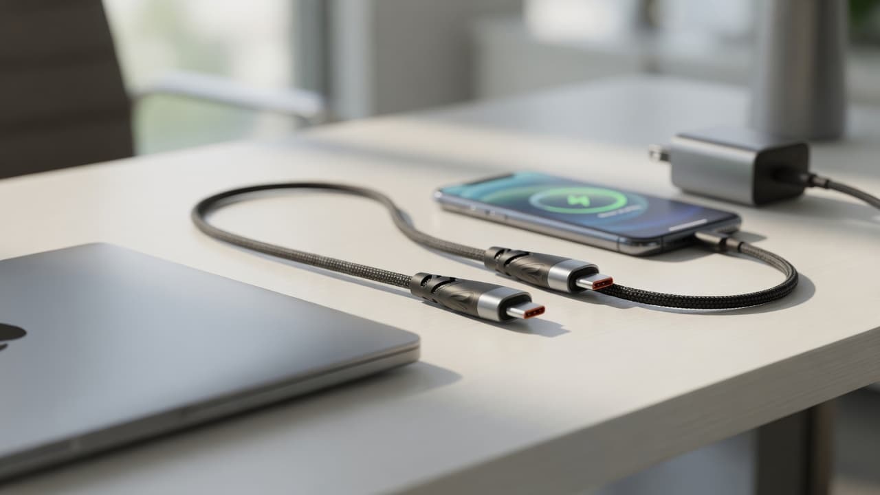 MTS-CCPD100W2 en escritorio — cable USB-C a USB-C con notebook y celular