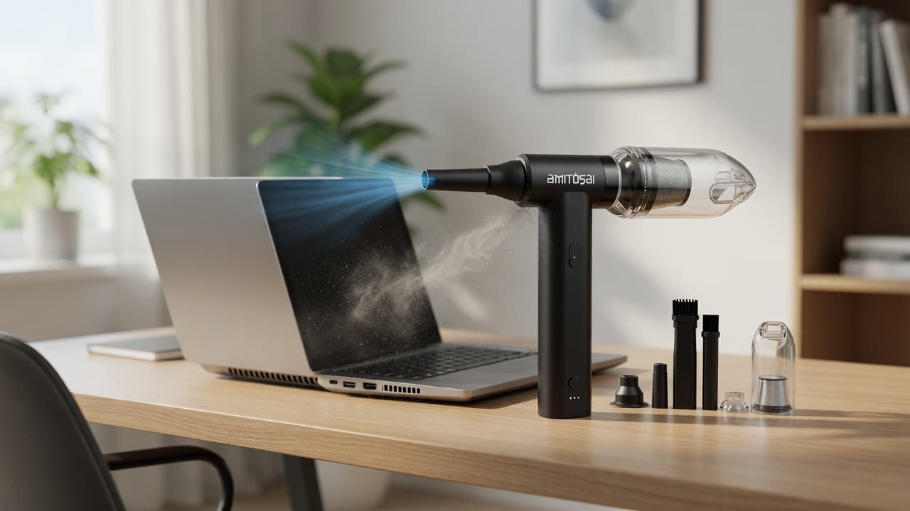 MTS-CYCLONE en escritorio — soplado de notebook y kit de picos