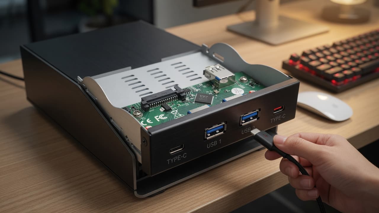 MTS-DESK325USB31AC en el escritorio — panel USB 3.5" con Type-C y Type-A al frente