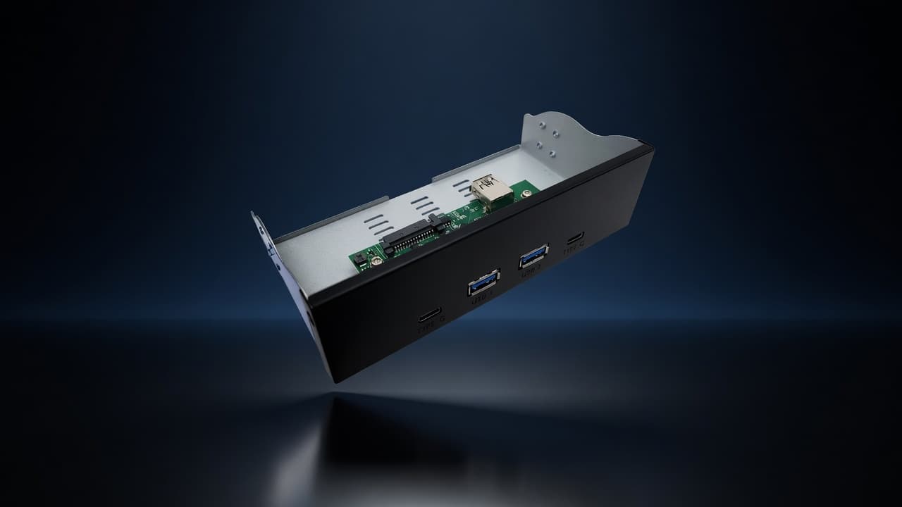 MTS-DESK525USB31AC — panel USB 5.25" metálico en estudio