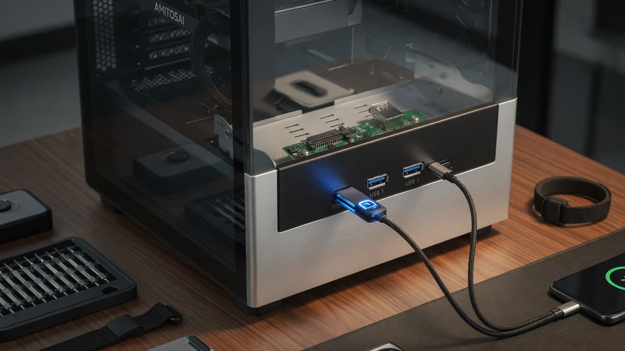 MTS-DESK525USB31AC instalado — panel USB 5.25" con A y C al frente del gabinete