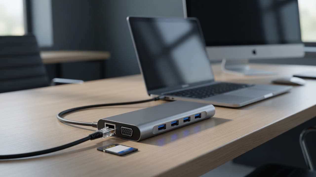 MTS-DOCK111 en escritorio — hub USB-C 11 en 1 con red y VGA