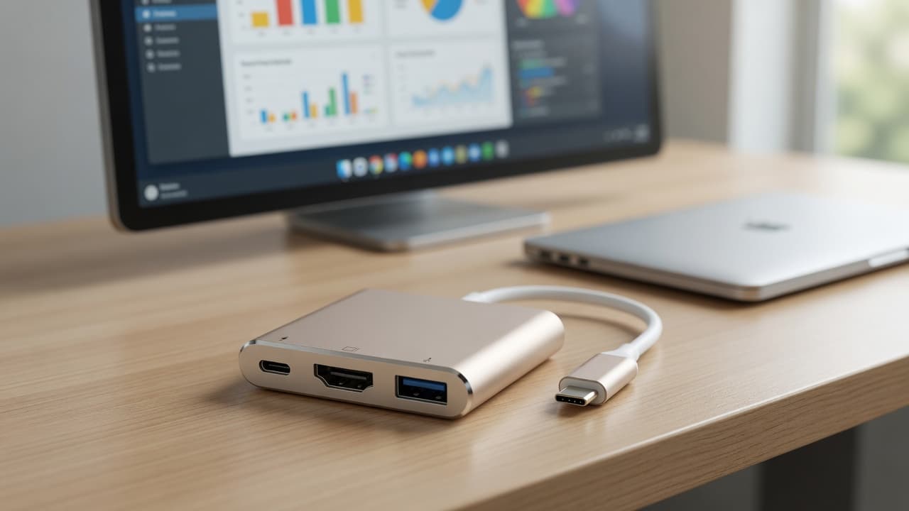 MTS-DOCK31 en escritorio — HDMI, USB y PD desde un USB-C