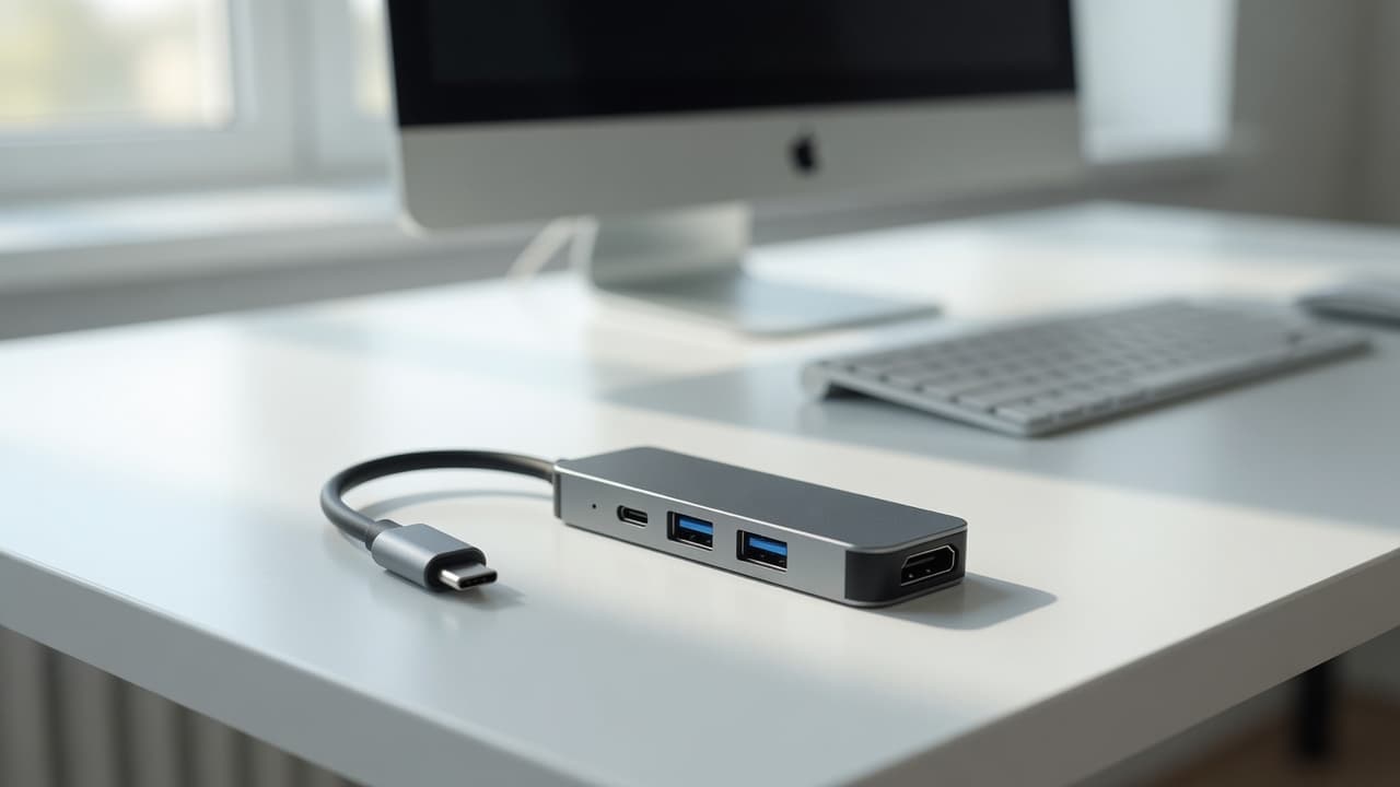 MTS-DOCK41 en escritorio — hub USB-C 4 en 1 HDMI PD USB