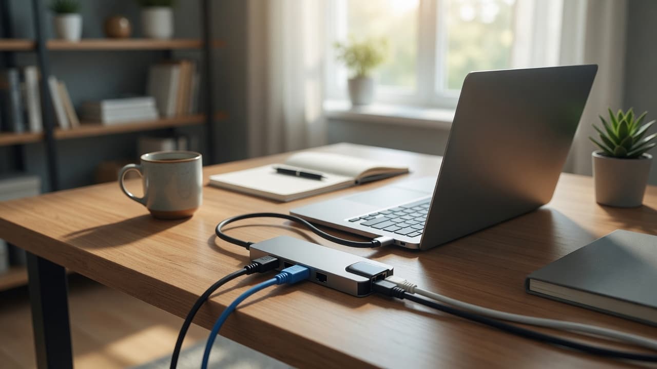 MTS-DOCK51 en escritorio — HDMI, red y periféricos desde un USB-C