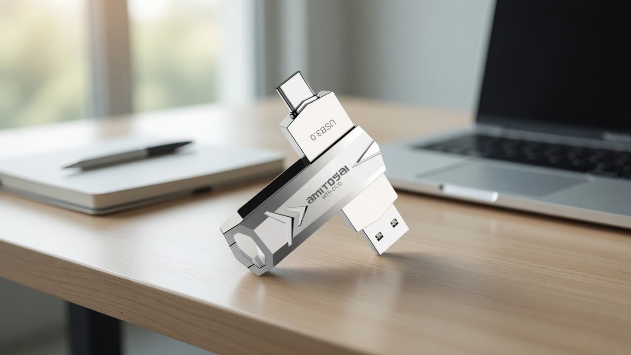 MTS-DUO128GB en escritorio — dual USB-A + C para PC y notebook
