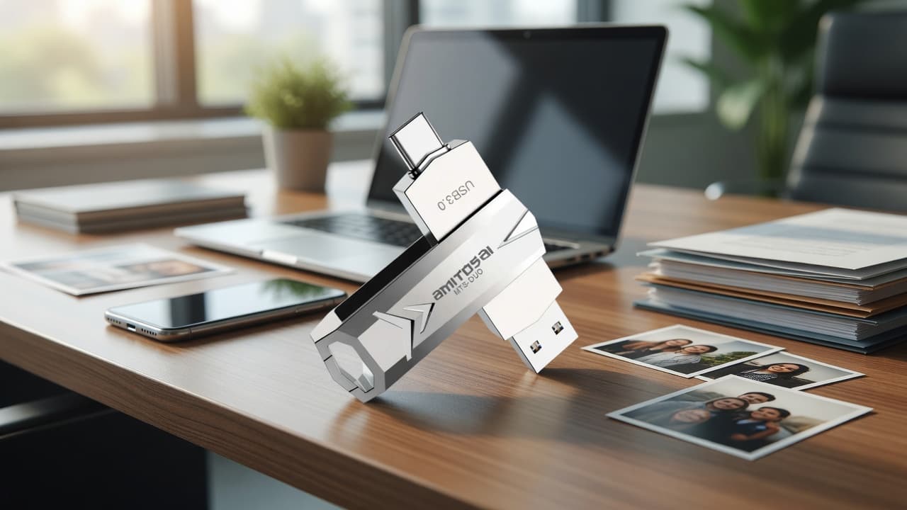 MTS-DUO256GB en escritorio — dual USB-A + C para PC y notebook