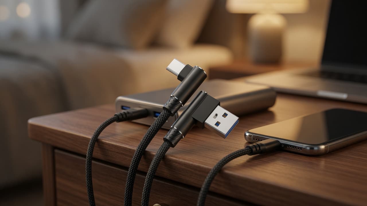 MTS-ELBOW100 — cable codo mallado en mesita con power bank y celular