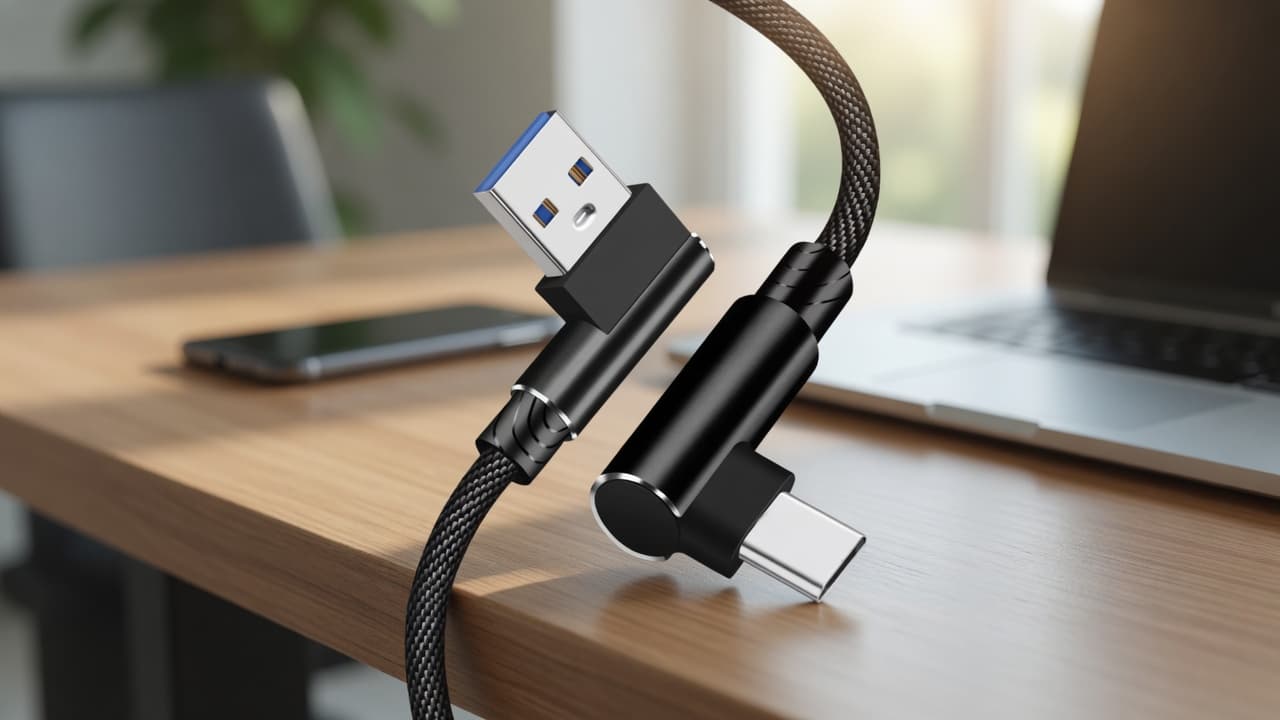 MTS-ELBOW200 en escritorio — cable USB-A a USB-C codo 90°