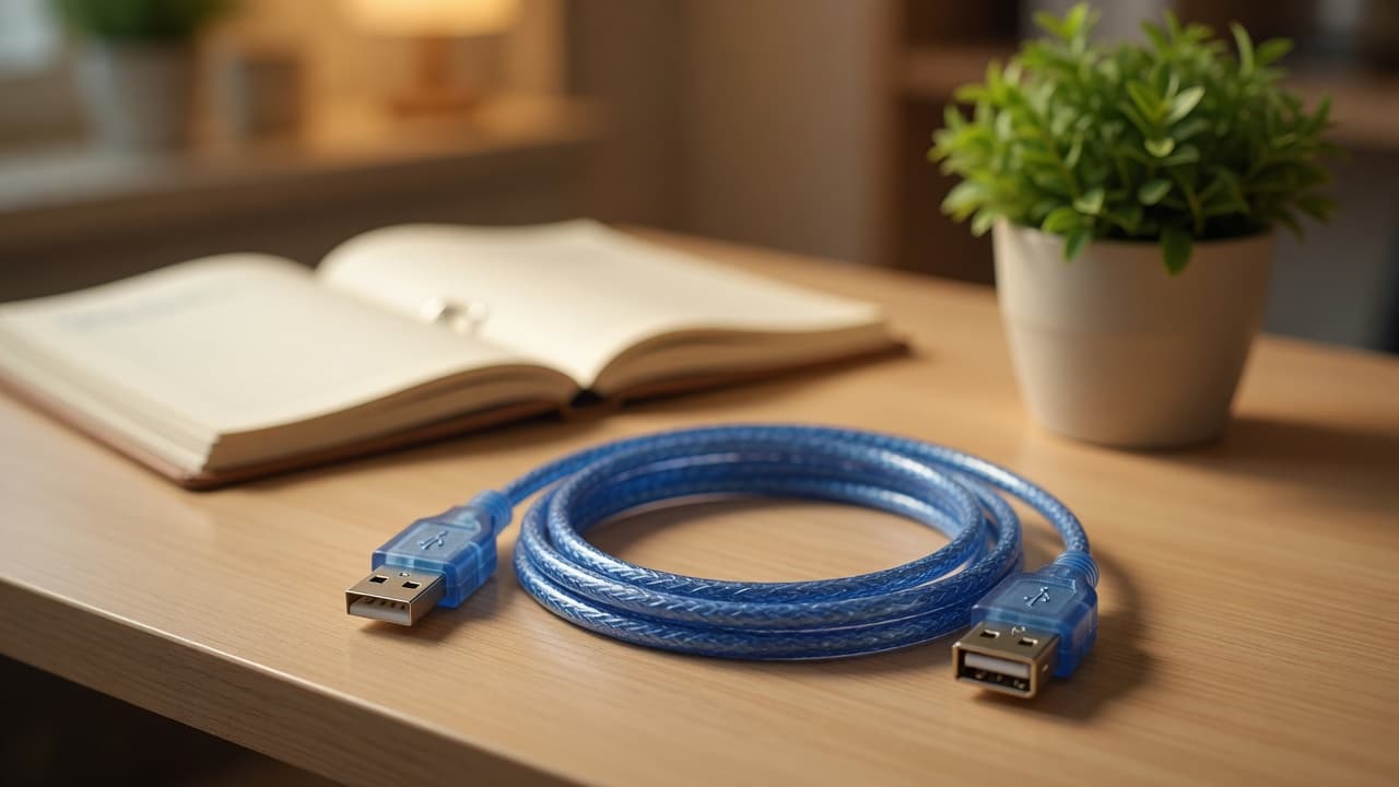MTS-EXTUSB150 — cable azul 1,5 m en escritorio