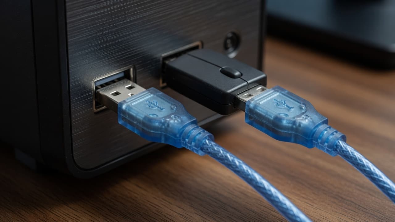 MTS-EXTUSB150 en escritorio — alargue USB 2.0 azul notebook y disco