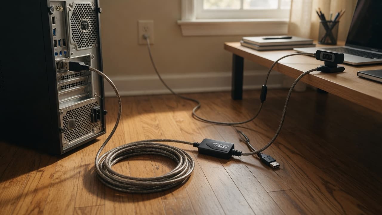 MTS-EXTUSB1500 en escritorio — alargue USB 2.0 para periféricos lejanos