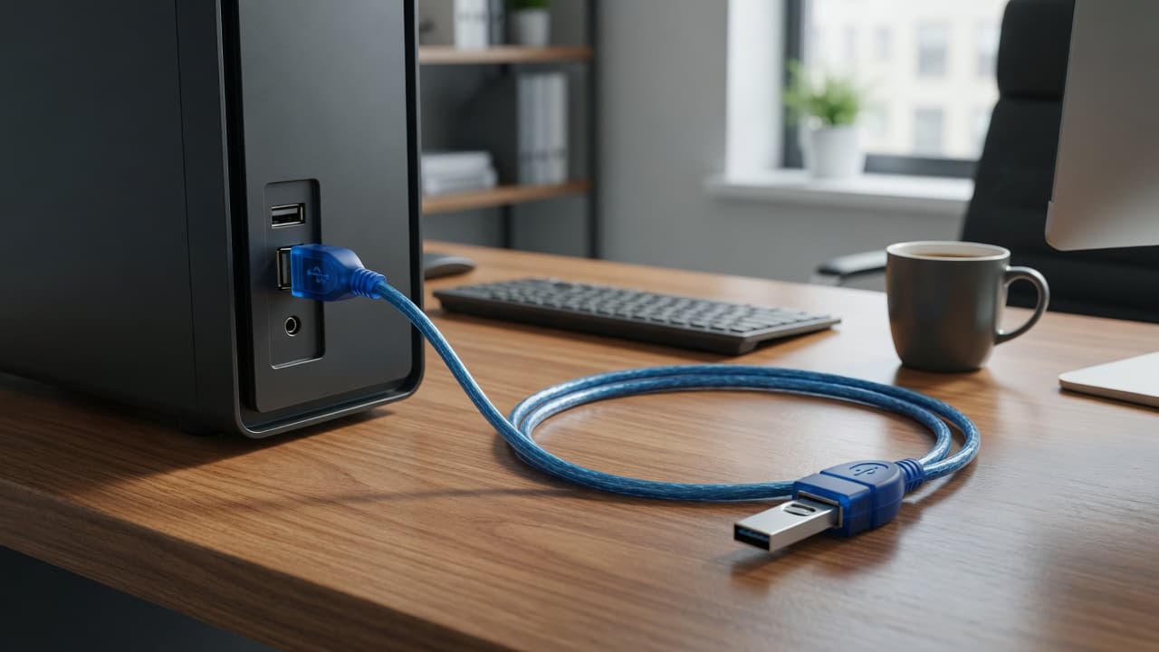 MTS-EXTUSB300 — escritorio: alargue USB a impresora y notebook