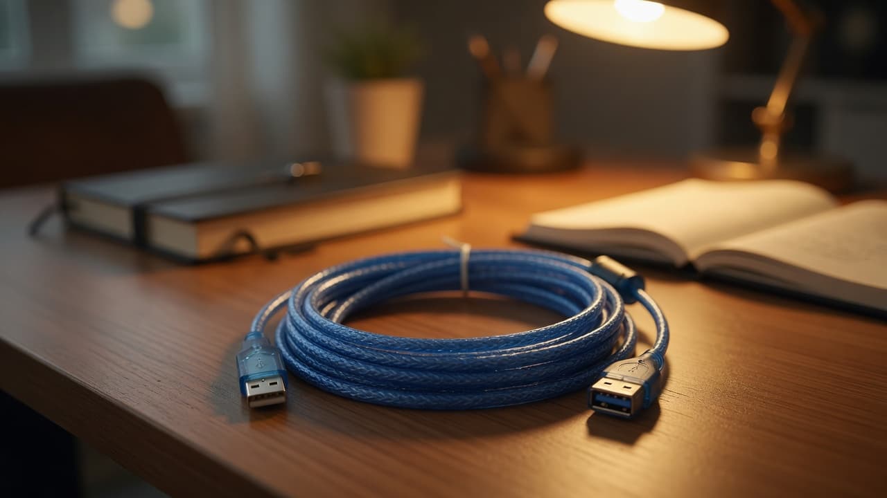 MTS-EXTUSB500 — cable alargue azul listo en el escritorio