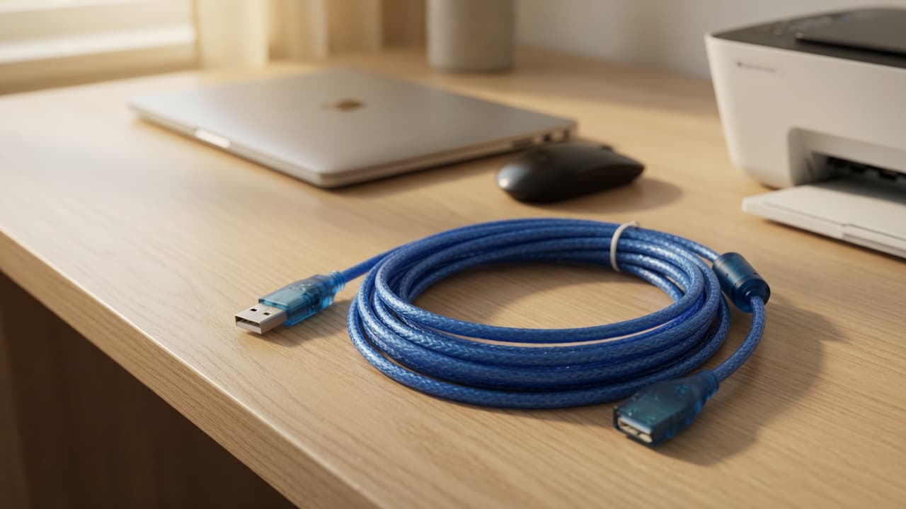 MTS-EXTUSB500 en escritorio — alargue USB 2.0 5 m para impresora y PC