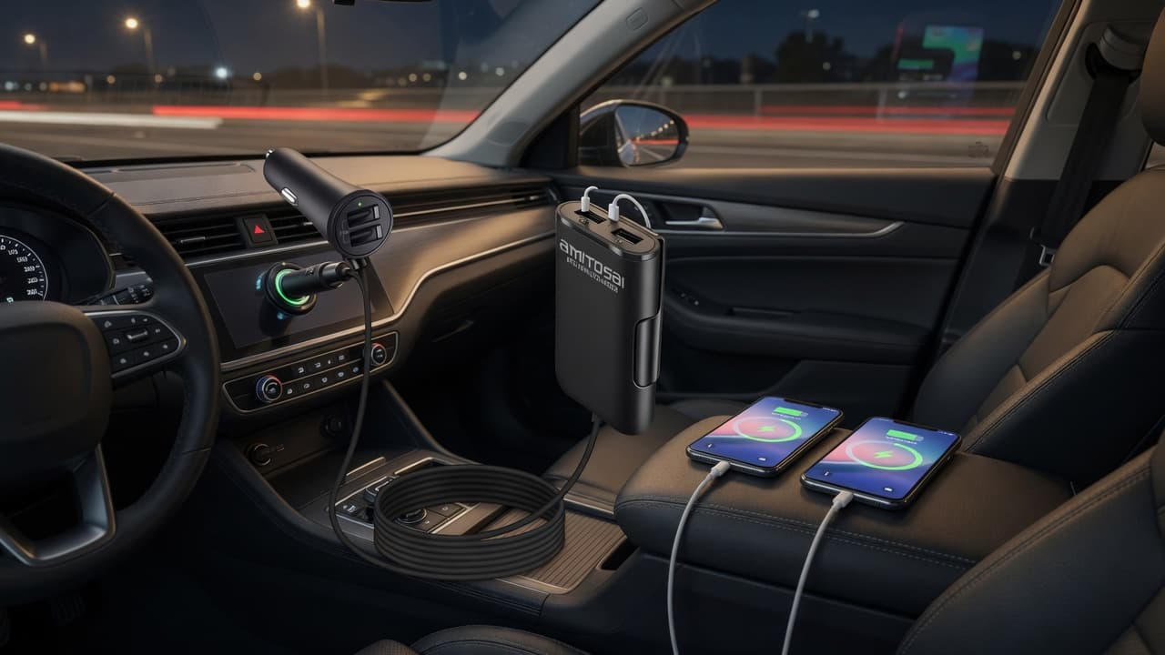 MTS-FAMILYCHARGER en viaje familiar — hub al alcance de la segunda fila