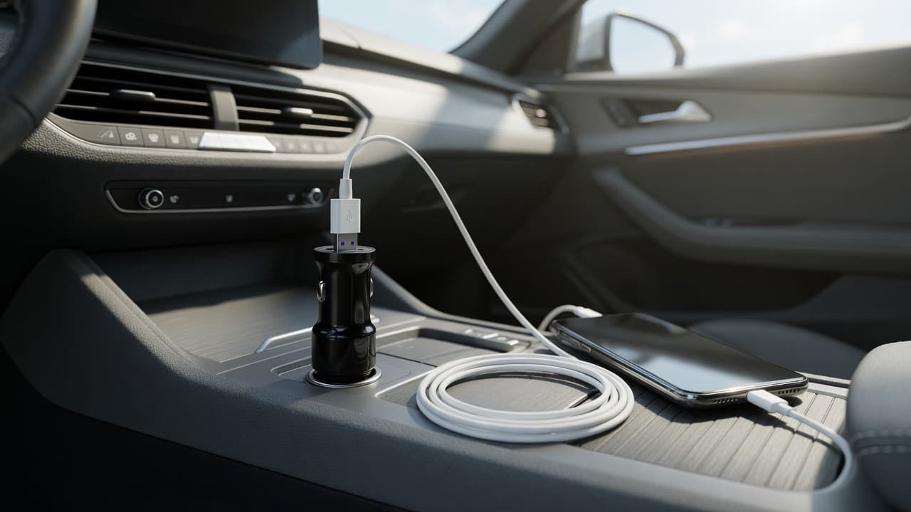 MTS-FASTCHARGER en consola del auto — celular cargando