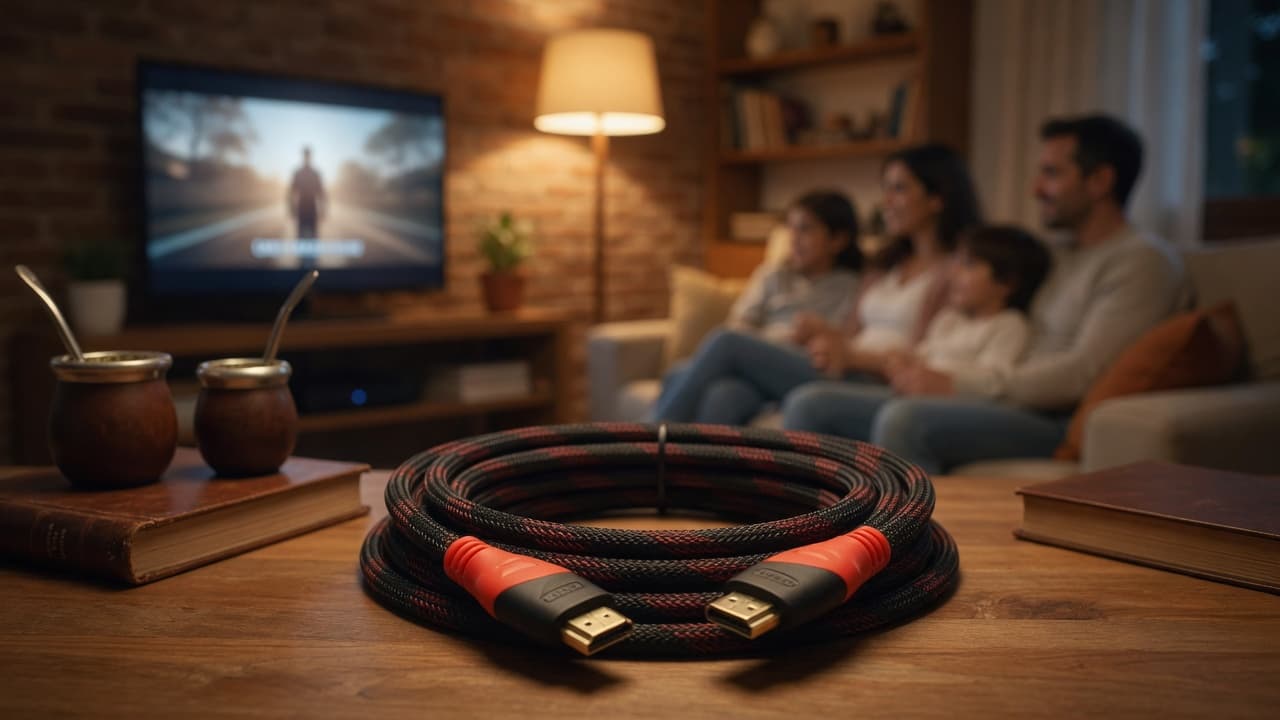 MTS-HDMI1410 — cable mallado en living familiar frente al TV