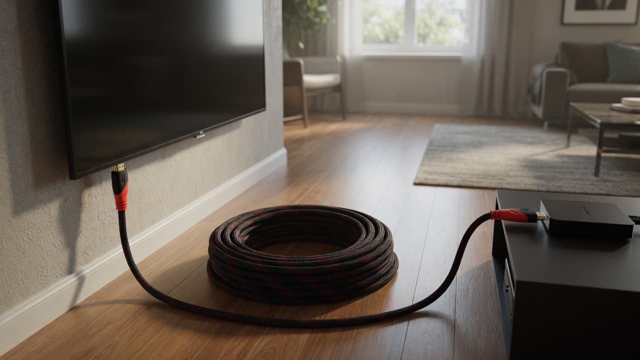 MTS-HDMI1410 — cable HDMI 10 m en living con smart TV y rack lejos